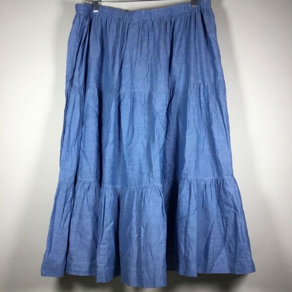 Lightweight blue denim cotton skirt drawstring waist wood beads elastic waist L - Picture 6 of 8